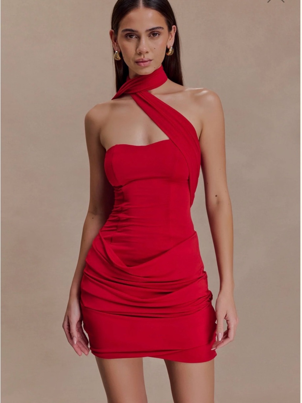 Meshki Mattea Slinky and Mesh Mini Dress with Scarf Red